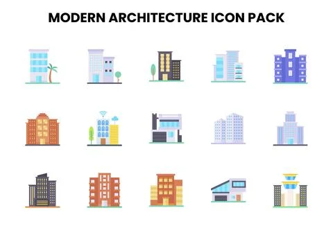 Modern Architecture Flat Vector Icons Pack Stock Illustration