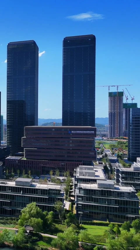 Modern Architecture in Hangzhou Future Sci-Tech City CBD Under Blue Sky Stockbeeldmateriaal 346086815