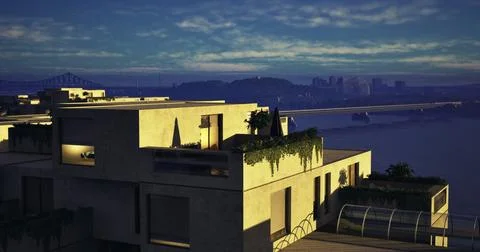 Modern architecture illuminated at dusk overlooking the river Ilustración de archivo