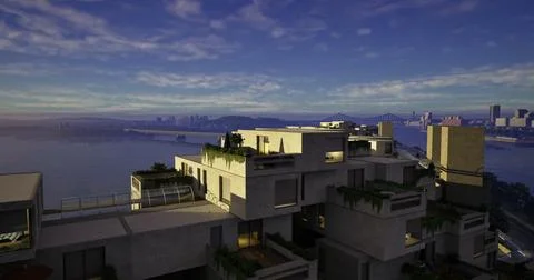 Modern architecture overlooking the river at twilight in an urban setting Ilustración de archivo