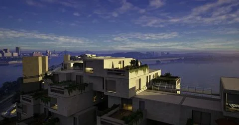 Modern architecture overlooking a serene water landscape at sunset Ilustración de archivo