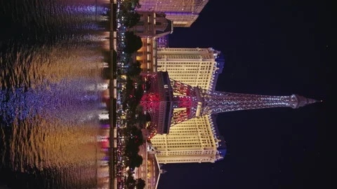 Modern architecture Paris Eiffel Tower night illumination in french flag colors Stock Footage 152744115