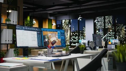 Modern architecture workspace featuring dual monitors with 3D rendering software Stock Photos