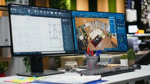 Modern architecture workspace featuring dual monitors with 3D rendering software Stock Photos
