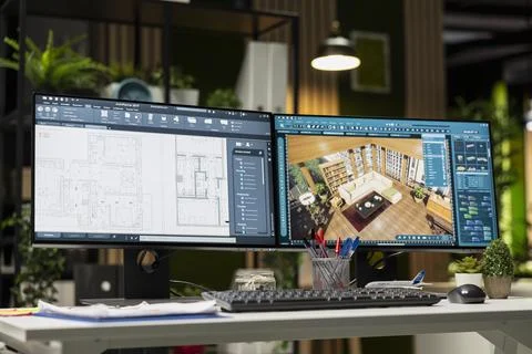 Modern architecture workspace featuring dual monitors with 3D rendering software Stock Photos