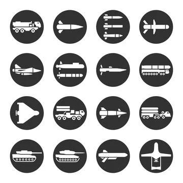 Modern armament vector icon set. Artillery, missiles systems icons. Stock Illustration