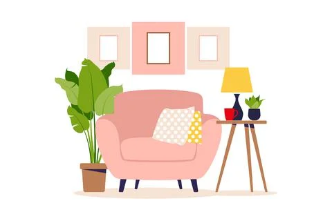 Modern armchair with mini table. Interior of the living room with furniture.  Stock Illustration