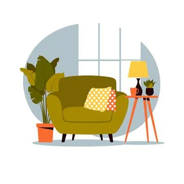 Modern armchair with mini table. Interior of the living room with furniture.  Stock Illustration