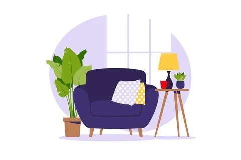 Modern armchair with mini table. Interior of the living room with furniture.  Stock Illustration