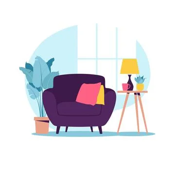 Modern armchair with mini table. Interior of the living room with furniture.  Stock Illustration