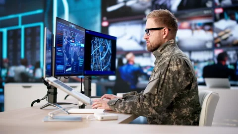 Modern Army Control Center With Advanced Computer Technology Stock Footage 328390827