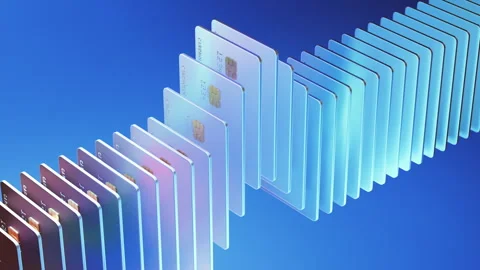Modern Array of Credit Cards on a Vibrant Blue Background Stock Footage 305259799