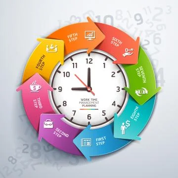 Modern arrow work time management planning infographics template. Vector Stock Illustration