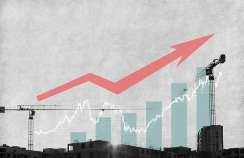 Modern art collage. Construction cranes on the background of the growth graph Stock Illustration