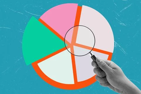 Modern art collage featuring a hand with a magnifying glass and a round graph Stock Photos