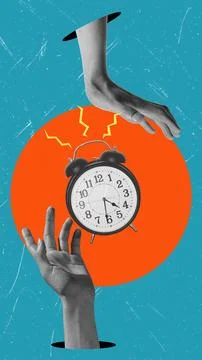 Modern art collage featuring a ringing alarm clock and tuning hands on a blue Stock Photos