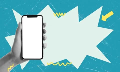 Modern art collage featuring a white screen phone with a large message bubble Stock Illustration