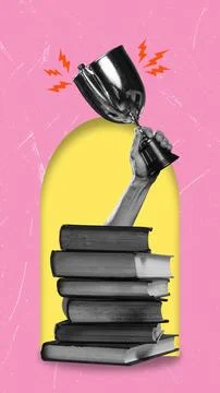 Modern art collage of a stack of books and a hand with a light bulb. Stock Photos