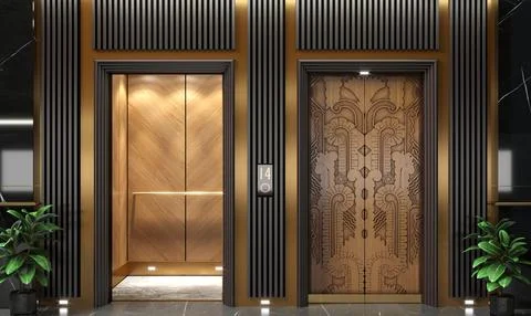 Modern Art Deco Elevator Lobby with Wooden Doors Ilustración de archivo