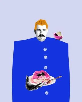 Modern art design. Man with orange hair, holding dessert plate, bird perched on Stock Photos
