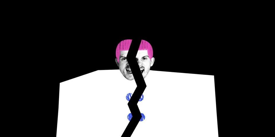 Modern art design. Person split into two halves, pink hair, buttons mismatched Stock Photos