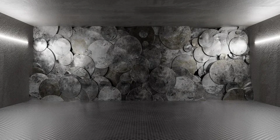 Modern art installation featuring circular metal shapes on wall in a dimly lit Stock Illustration