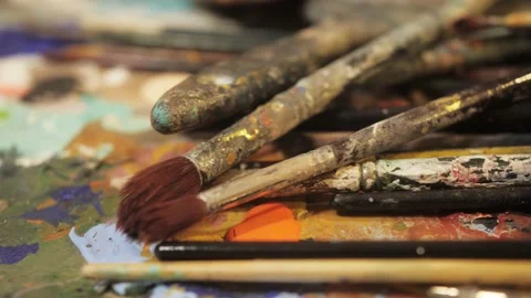 Modern Art in the Studio. Close up of art tools. 스톡 동영상 227494076