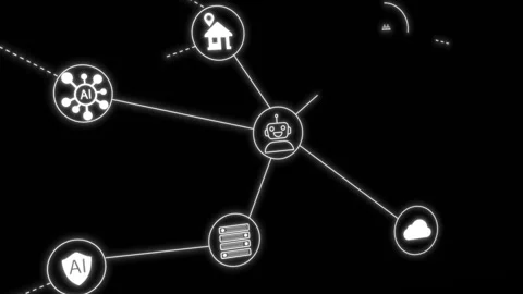 Modern artificial intelligence network diagram links cloud, security, robotics, Stock Footage 340568696
