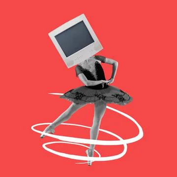 Modern artwork. Image of female ballet dancer headed with old computer monitor Stock Illustration