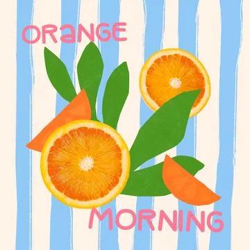 Modern artwork. Orange slices with sharp leaves on blue-striped background Stockfoto's