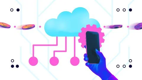 Modern artwork. Smartphone connected to cloud system with digital coins in Fotos de archivo