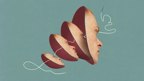 Modern artwork. Split layered human head connected with thread symbolizing Stock Photos