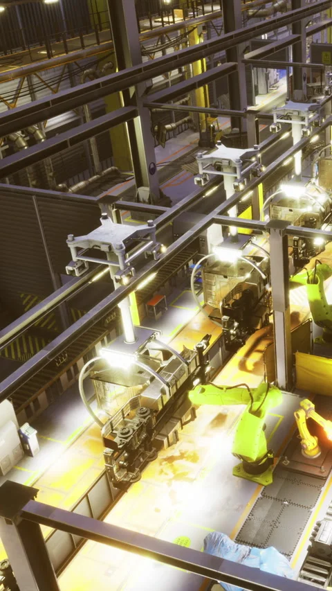 Modern assembly line showcasing robotic arms in action within a factory setting Stock Footage 334255380