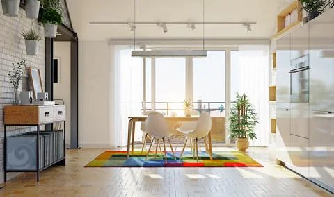 Modern attic dining room interior Illustrazione stock