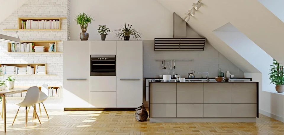 Modern attic kitchen interior Stock Illustration