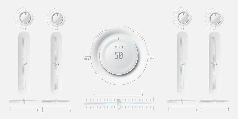 Modern audio UI user interface with volume buttons and sliders. Minimalistic Stock Illustration