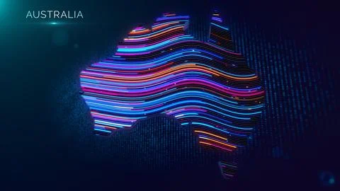 Modern Australia Map with Neon Wavy Lines and Country Title Stock Illustration