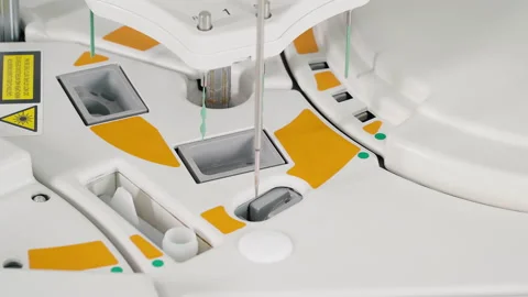 Modern automated machine performs a medical test of the human blood sample Stock Footage 201190451