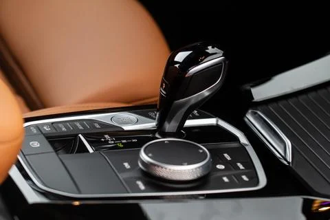 Modern automatic gearbox. Close up of the gearbox transmission handle. Automa Stock Photos