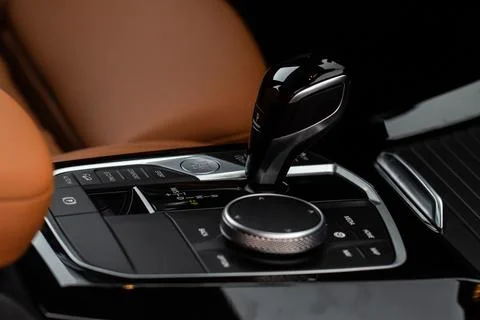 Modern automatic gearbox. Close up of the gearbox transmission handle. Automa Stock Photos