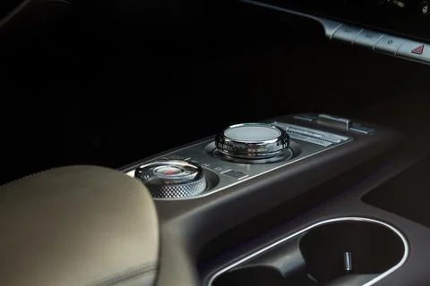 Modern automatic gearbox. Close up of the gearbox transmission handle. Automa Stock Photos