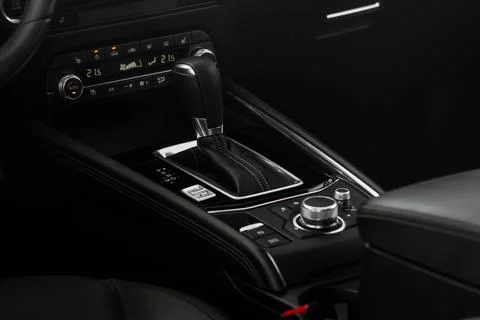 Modern automatic gearbox. Close up of the gearbox transmission handle. Automa Stock Photos
