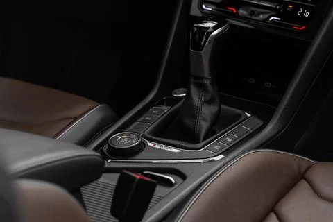 Modern automatic gearbox. Close up of the gearbox transmission handle. Automa Stock Photos