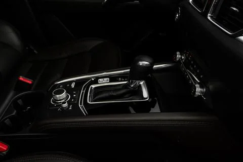 Modern automatic gearbox. Close up of the gearbox transmission handle. Automa Stock Photos