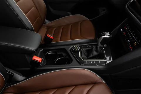 Modern automatic gearbox. Close up of the gearbox transmission handle. Automa Stock Photos