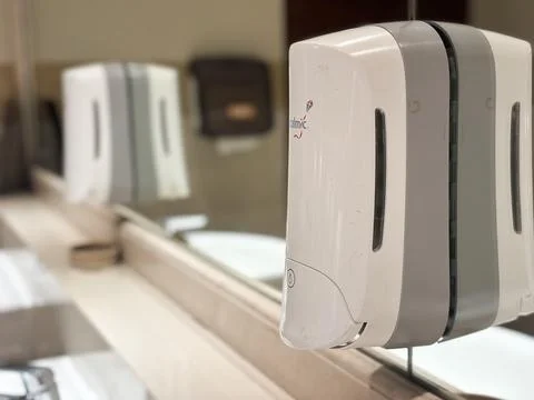 Modern Automatic Hand Soap Dispenser on Mirror Background in Public Restroom Stock-Fotos