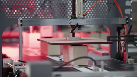 Modern automatic machine line of cardboard box. Conveyor line for the production Stock Footage 150579979