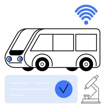 Modern Autonomous Bus with wireless, Checkmark, and Microscope Illustration.. Stock Illustration