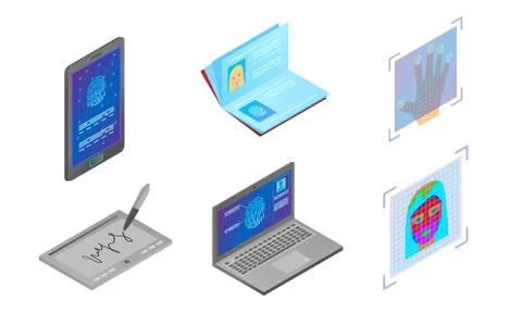Modern autorization technologies on different devices and passport vector Stock Illustration