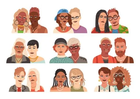 Modern avatars of couples set. Collection of flat portraits. Vector illustration Stock Illustration
